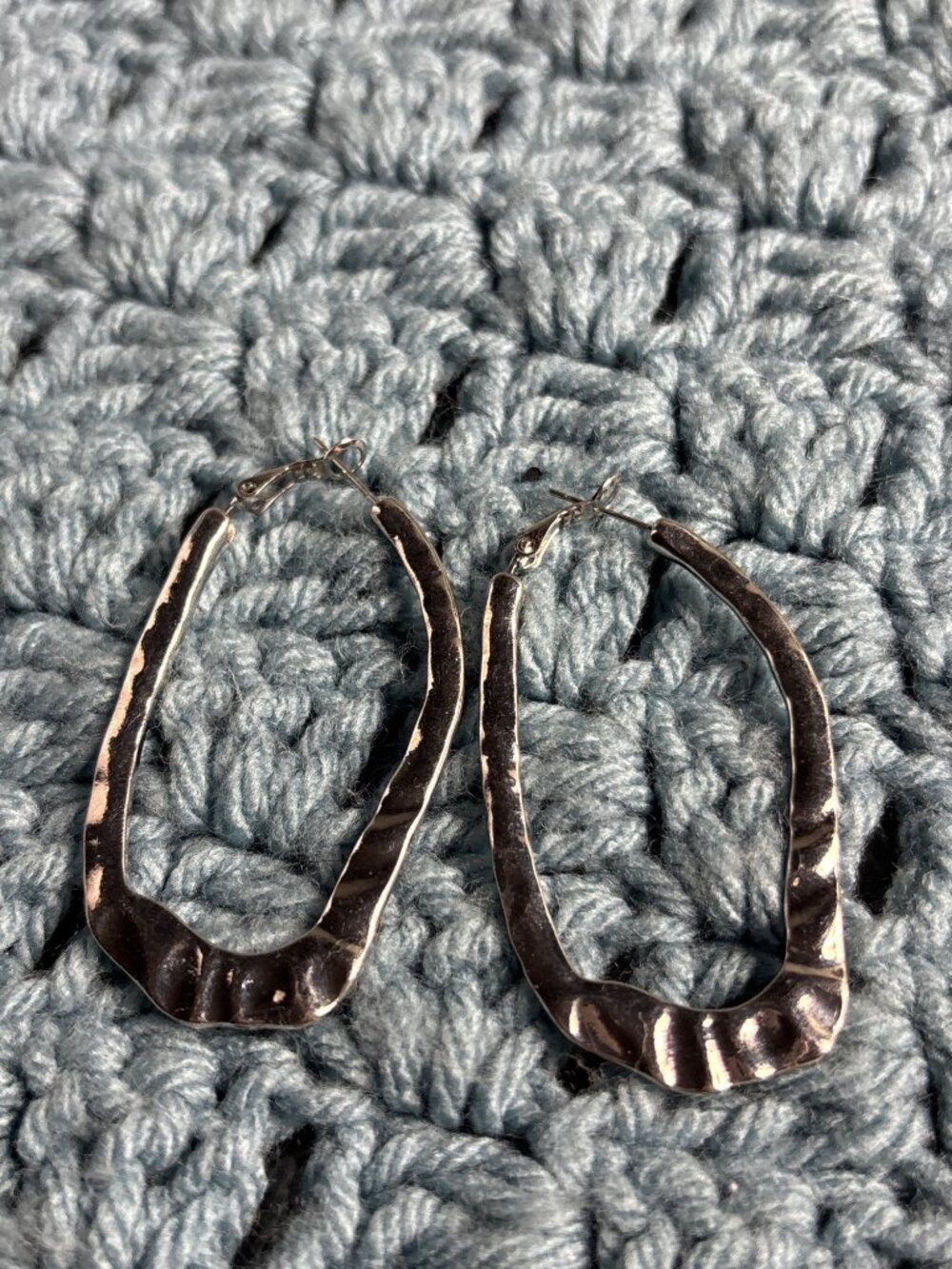 Silvertone Textured Oval Hoop Earrings 2.25 inches